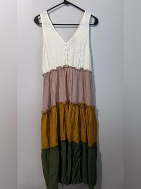 Tiered Sleeveless Maxi Dress in White, Mauve, Mustard & Olive